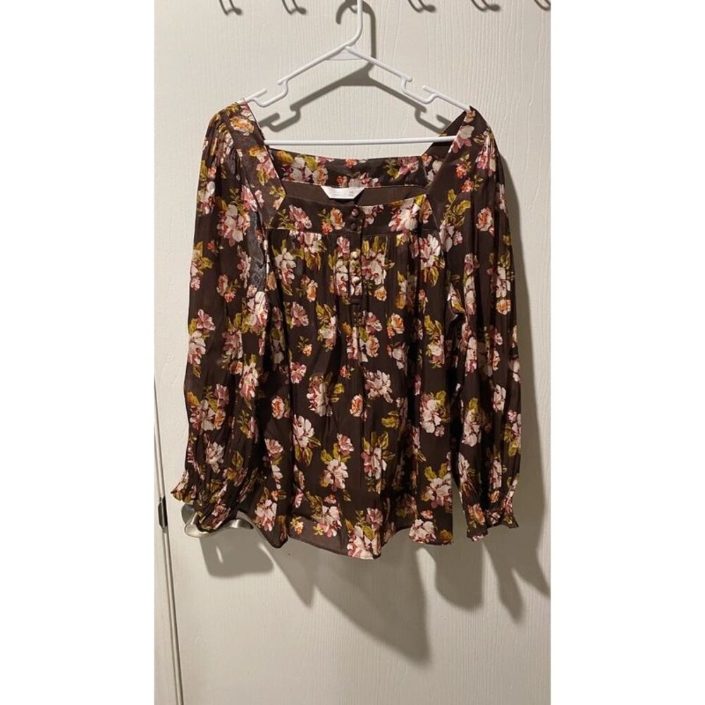 LC Lauren Conrad Floral Square Neck Long Sleeve Blouse XXL Brown